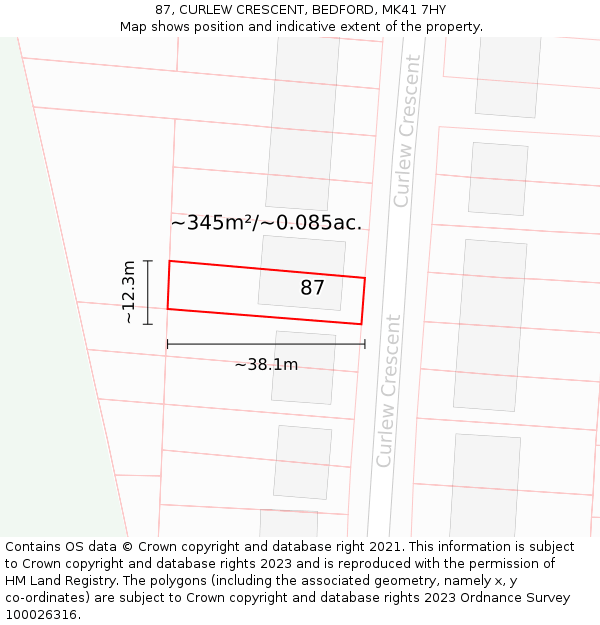 87, CURLEW CRESCENT, BEDFORD, MK41 7HY: Plot and title map