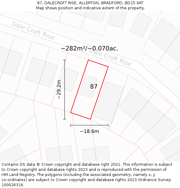 87, DALECROFT RISE, ALLERTON, BRADFORD, BD15 9AT: Plot and title map