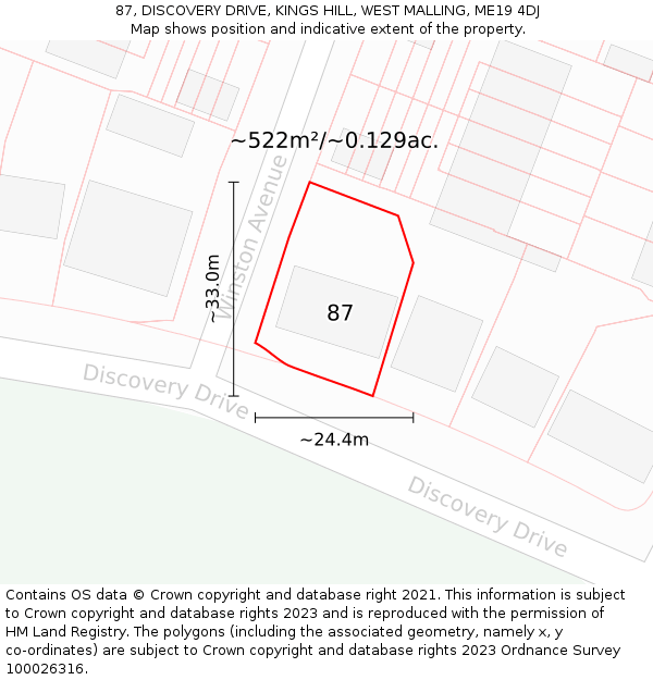87, DISCOVERY DRIVE, KINGS HILL, WEST MALLING, ME19 4DJ: Plot and title map