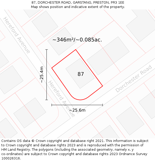 87, DORCHESTER ROAD, GARSTANG, PRESTON, PR3 1EE: Plot and title map
