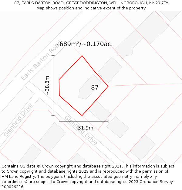 87, EARLS BARTON ROAD, GREAT DODDINGTON, WELLINGBOROUGH, NN29 7TA: Plot and title map