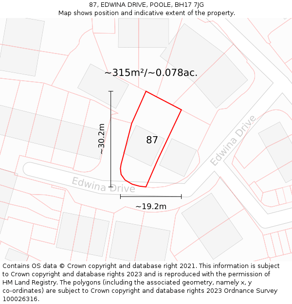 87, EDWINA DRIVE, POOLE, BH17 7JG: Plot and title map