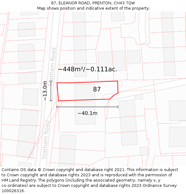 87, ELEANOR ROAD, PRENTON, CH43 7QW: Plot and title map