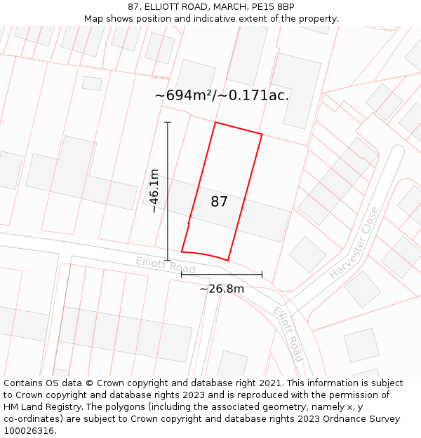87, ELLIOTT ROAD, MARCH, PE15 8BP: Plot and title map