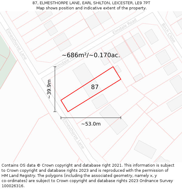 87, ELMESTHORPE LANE, EARL SHILTON, LEICESTER, LE9 7PT: Plot and title map