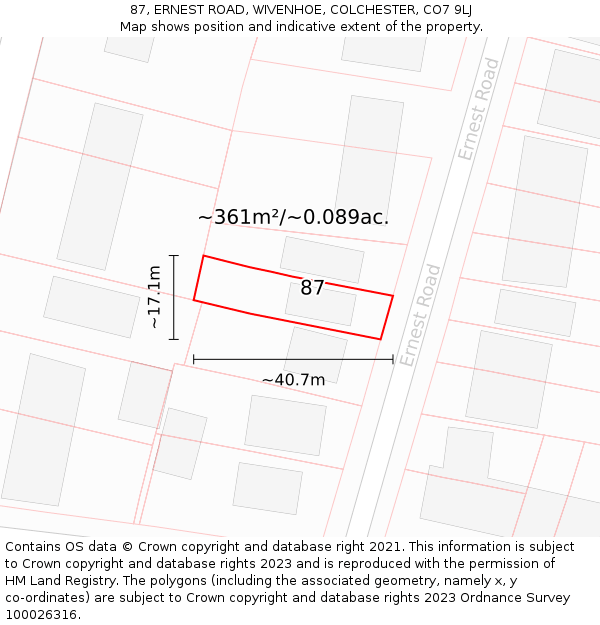 87, ERNEST ROAD, WIVENHOE, COLCHESTER, CO7 9LJ: Plot and title map