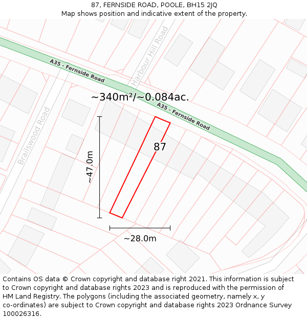87, FERNSIDE ROAD, POOLE, BH15 2JQ: Plot and title map