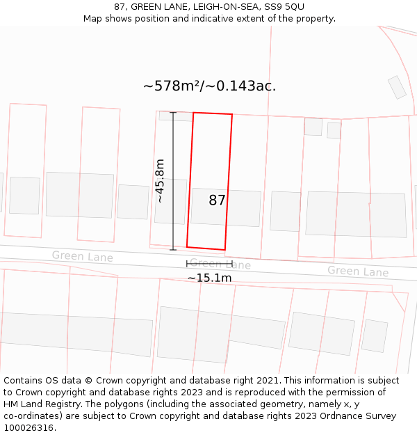 87, GREEN LANE, LEIGH-ON-SEA, SS9 5QU: Plot and title map