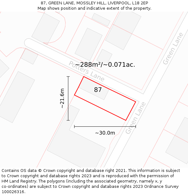 87, GREEN LANE, MOSSLEY HILL, LIVERPOOL, L18 2EP: Plot and title map