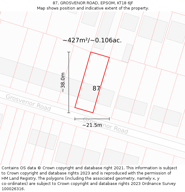 87, GROSVENOR ROAD, EPSOM, KT18 6JF: Plot and title map