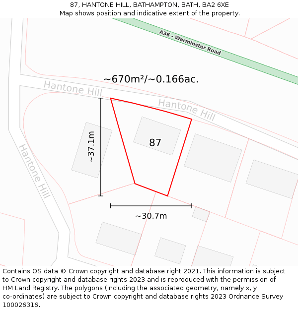 87, HANTONE HILL, BATHAMPTON, BATH, BA2 6XE: Plot and title map