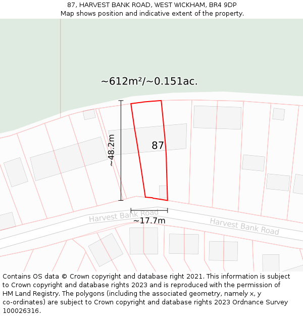 87, HARVEST BANK ROAD, WEST WICKHAM, BR4 9DP: Plot and title map