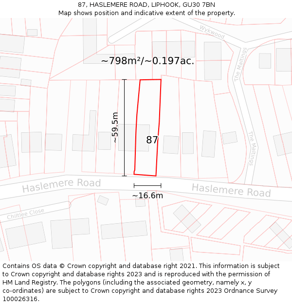 87, HASLEMERE ROAD, LIPHOOK, GU30 7BN: Plot and title map