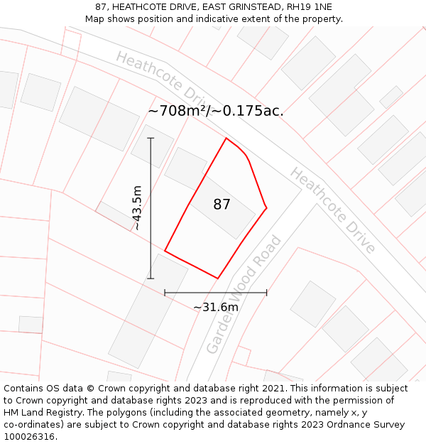 87, HEATHCOTE DRIVE, EAST GRINSTEAD, RH19 1NE: Plot and title map