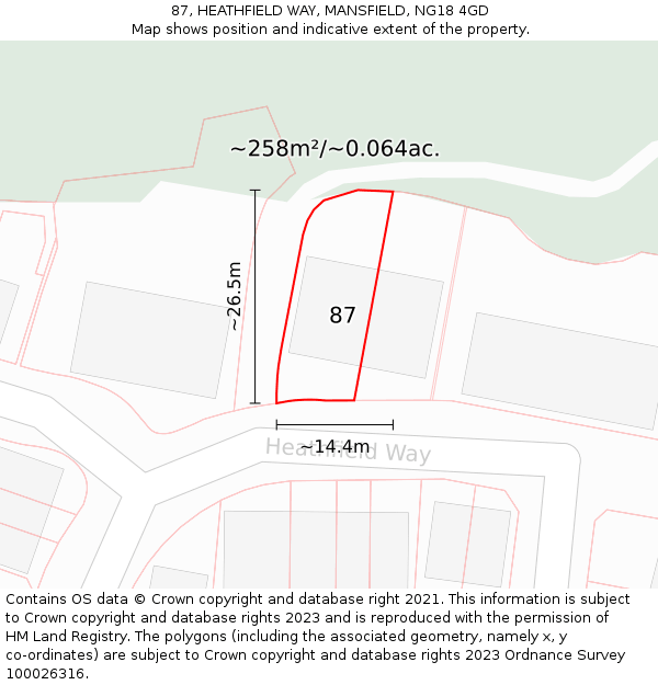 87, HEATHFIELD WAY, MANSFIELD, NG18 4GD: Plot and title map