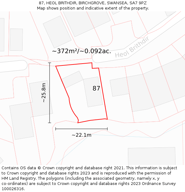 87, HEOL BRITHDIR, BIRCHGROVE, SWANSEA, SA7 9PZ: Plot and title map