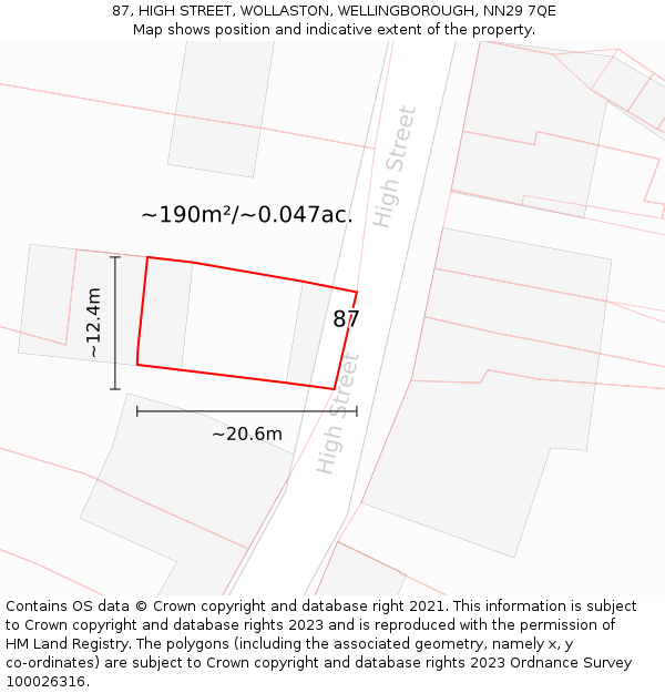 87, HIGH STREET, WOLLASTON, WELLINGBOROUGH, NN29 7QE: Plot and title map