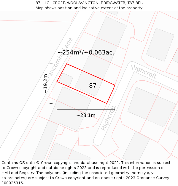 87, HIGHCROFT, WOOLAVINGTON, BRIDGWATER, TA7 8EU: Plot and title map