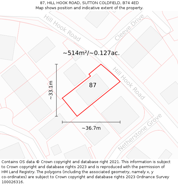 87, HILL HOOK ROAD, SUTTON COLDFIELD, B74 4ED: Plot and title map