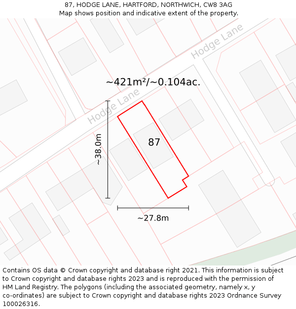 87, HODGE LANE, HARTFORD, NORTHWICH, CW8 3AG: Plot and title map