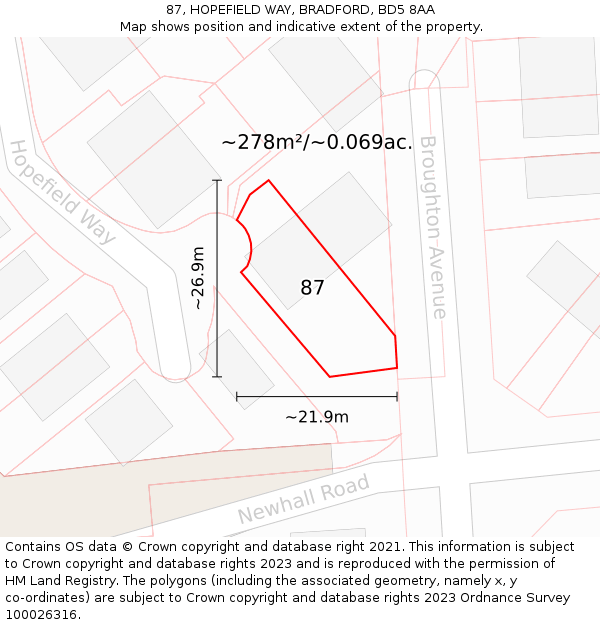 87, HOPEFIELD WAY, BRADFORD, BD5 8AA: Plot and title map