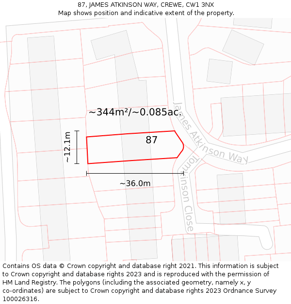 87, JAMES ATKINSON WAY, CREWE, CW1 3NX: Plot and title map