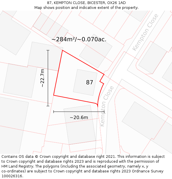 87, KEMPTON CLOSE, BICESTER, OX26 1AD: Plot and title map