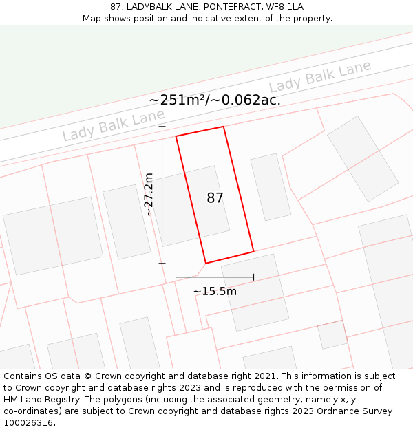 87, LADYBALK LANE, PONTEFRACT, WF8 1LA: Plot and title map
