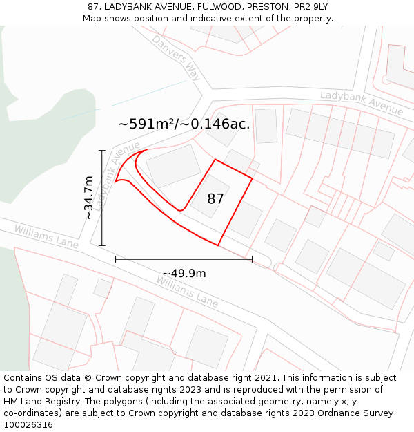 87, LADYBANK AVENUE, FULWOOD, PRESTON, PR2 9LY: Plot and title map
