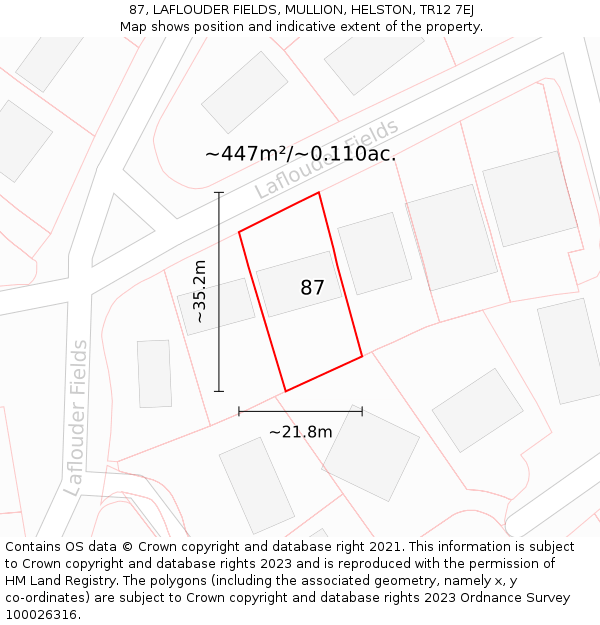 87, LAFLOUDER FIELDS, MULLION, HELSTON, TR12 7EJ: Plot and title map