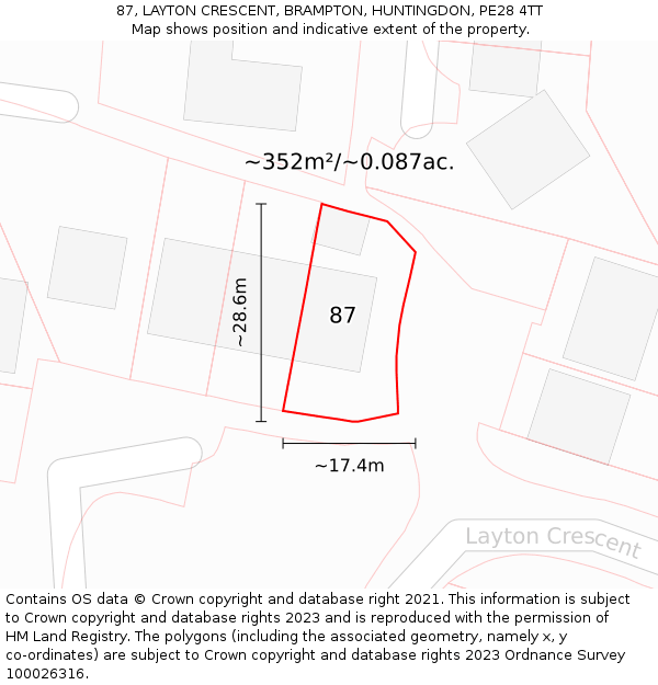 87, LAYTON CRESCENT, BRAMPTON, HUNTINGDON, PE28 4TT: Plot and title map