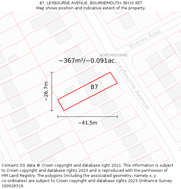 87, LEYBOURNE AVENUE, BOURNEMOUTH, BH10 6ET: Plot and title map