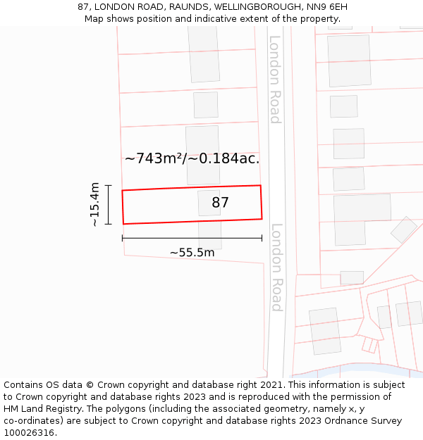 87, LONDON ROAD, RAUNDS, WELLINGBOROUGH, NN9 6EH: Plot and title map