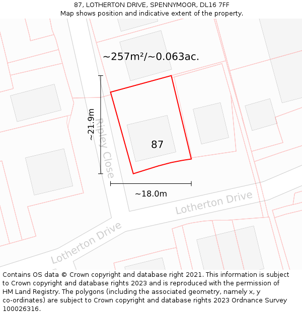 87, LOTHERTON DRIVE, SPENNYMOOR, DL16 7FF: Plot and title map