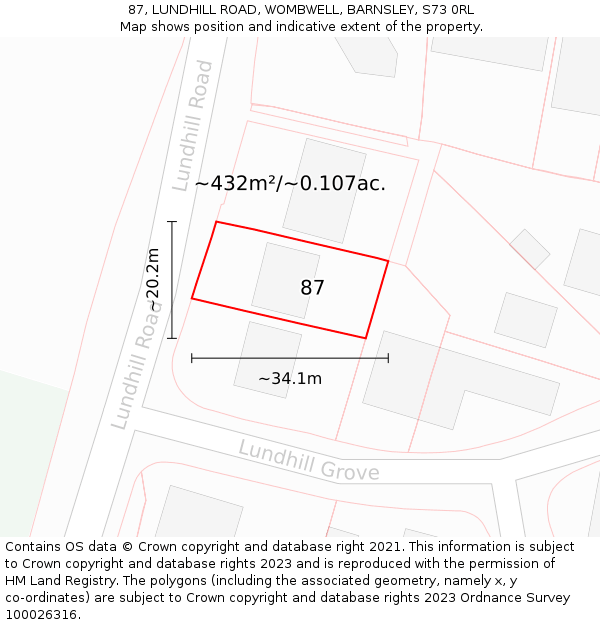 87, LUNDHILL ROAD, WOMBWELL, BARNSLEY, S73 0RL: Plot and title map