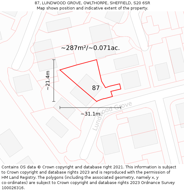 87, LUNDWOOD GROVE, OWLTHORPE, SHEFFIELD, S20 6SR: Plot and title map