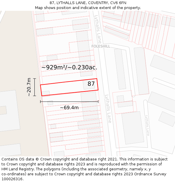 87, LYTHALLS LANE, COVENTRY, CV6 6FN: Plot and title map