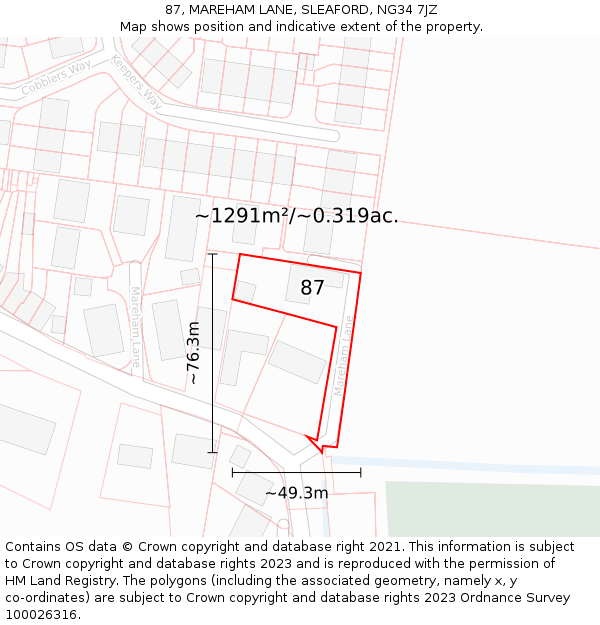 87, MAREHAM LANE, SLEAFORD, NG34 7JZ: Plot and title map