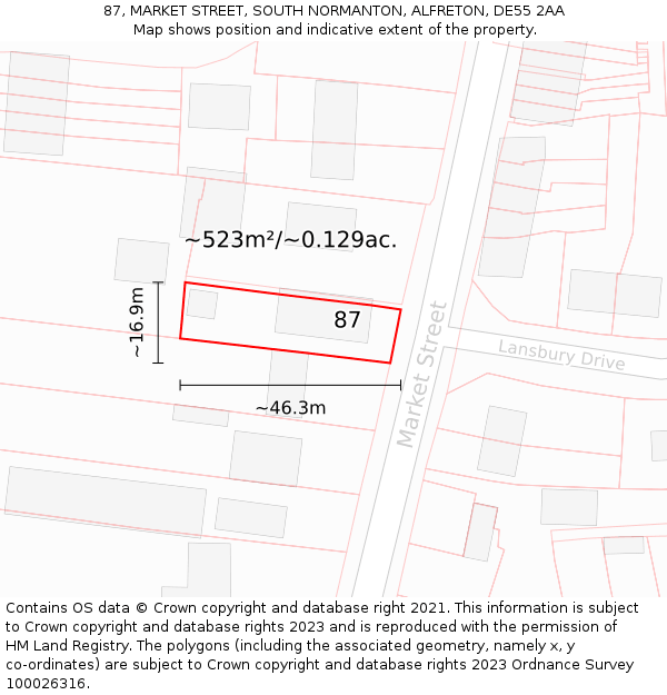 87, MARKET STREET, SOUTH NORMANTON, ALFRETON, DE55 2AA: Plot and title map