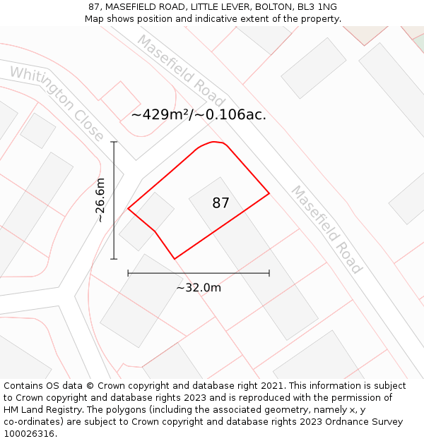 87, MASEFIELD ROAD, LITTLE LEVER, BOLTON, BL3 1NG: Plot and title map