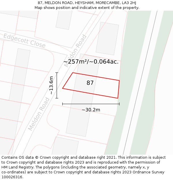 87, MELDON ROAD, HEYSHAM, MORECAMBE, LA3 2HJ: Plot and title map