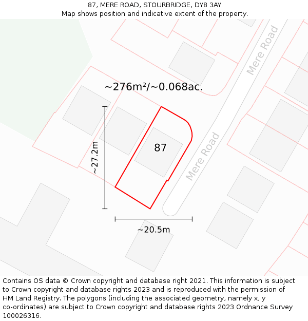 87, MERE ROAD, STOURBRIDGE, DY8 3AY: Plot and title map