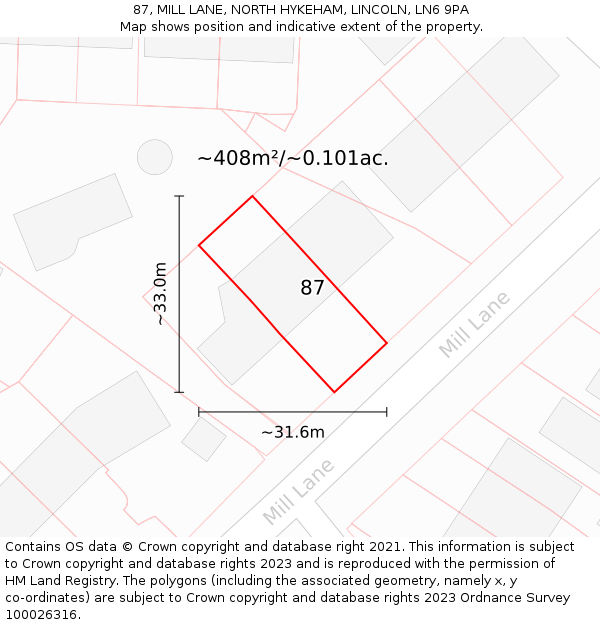 87, MILL LANE, NORTH HYKEHAM, LINCOLN, LN6 9PA: Plot and title map