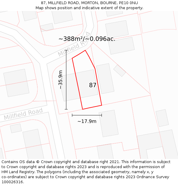 87, MILLFIELD ROAD, MORTON, BOURNE, PE10 0NU: Plot and title map
