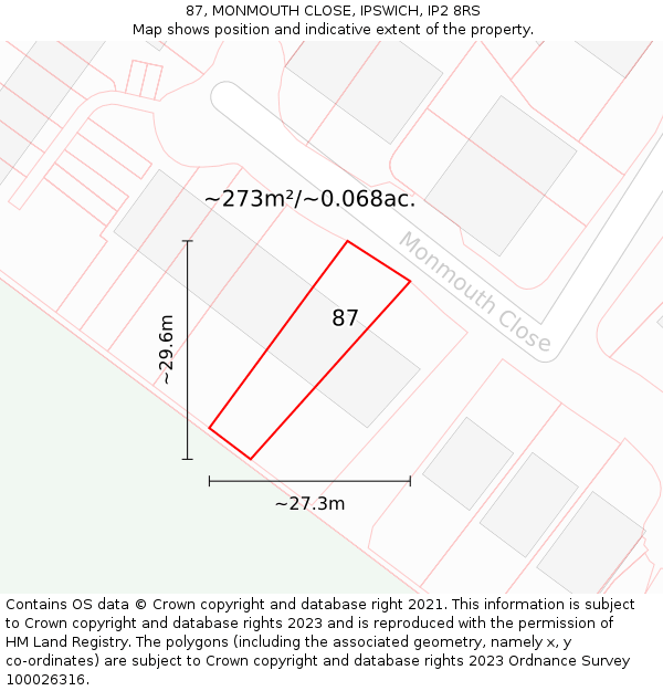 87, MONMOUTH CLOSE, IPSWICH, IP2 8RS: Plot and title map