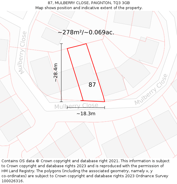 87, MULBERRY CLOSE, PAIGNTON, TQ3 3GB: Plot and title map