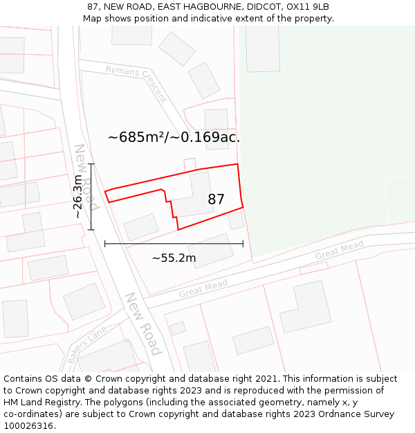 87, NEW ROAD, EAST HAGBOURNE, DIDCOT, OX11 9LB: Plot and title map