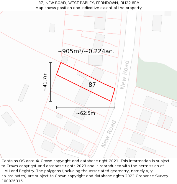 87, NEW ROAD, WEST PARLEY, FERNDOWN, BH22 8EA: Plot and title map