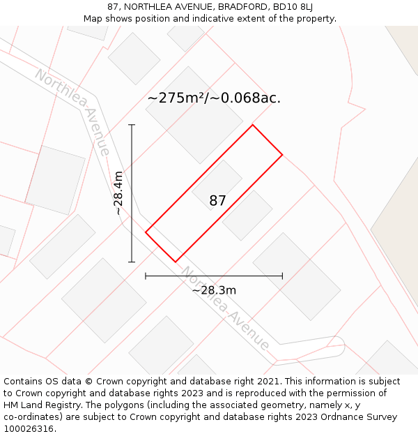 87, NORTHLEA AVENUE, BRADFORD, BD10 8LJ: Plot and title map