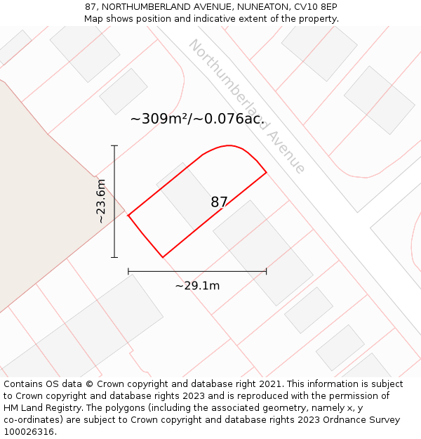 87, NORTHUMBERLAND AVENUE, NUNEATON, CV10 8EP: Plot and title map